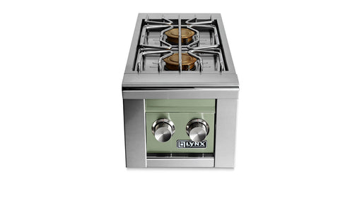 Stono Outdoor Living The Lynx Built-in Double Side Burners in Desert Sage (LSB2-2-DSNG) features two control knobs on a stainless steel finish, ideal for built-in grills, with the Lynx brand label displayed on the front against a white background.