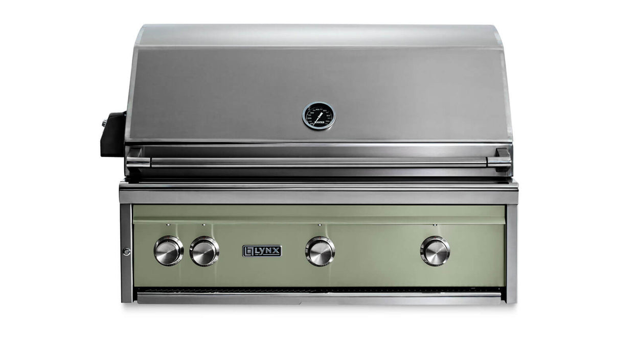 Stono Outdoor Living The Lynx 36" Built-In Grill w/ Rotisserie in Desert Sage (L36R-3-DSNG) features four control knobs, ceramic burners, a built-in temperature gauge, closed lid, and Lynx branding on the front panel.