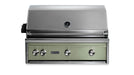 Stono Outdoor Living The Lynx 36" Built-In Grill w/ Rotisserie in Desert Sage (L36R-3-DSNG) features four control knobs, ceramic burners, a built-in temperature gauge, closed lid, and Lynx branding on the front panel.
