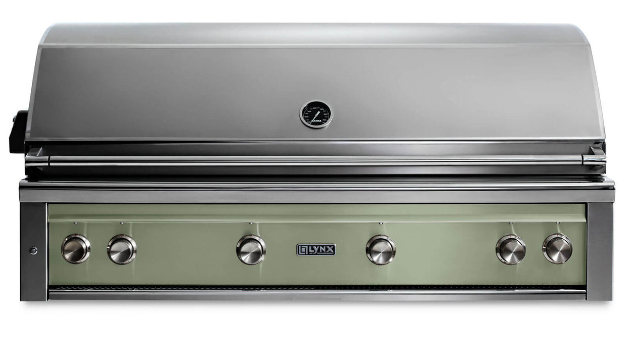 Stono Outdoor Living The Lynx 54" Built-In Grill (L54TR-DSNG) in Desert Sage features stainless steel design, closed lid, five knobs, infrared searing, a built-in thermometer, rotisserie, and a green front panel—ideal for your luxury outdoor kitchen.
