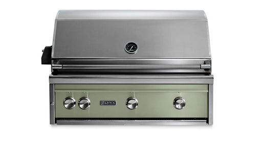 Stono Outdoor Living The Lynx 36" Built-In Grill w/ Rotisserie in Desert Sage (L36R-3-DSNG) features four control knobs, ceramic burners, a built-in temperature gauge, closed lid, and Lynx branding on the front panel.