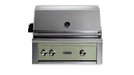 Stono Outdoor Living The Lynx 30" Built-In Grill (L30TR-DSNG) in Desert Sage features a stainless steel build, Trident™ infrared burner, rotisserie, three control knobs, built-in temperature gauge, and the Lynx logo with a modern light green accent panel.