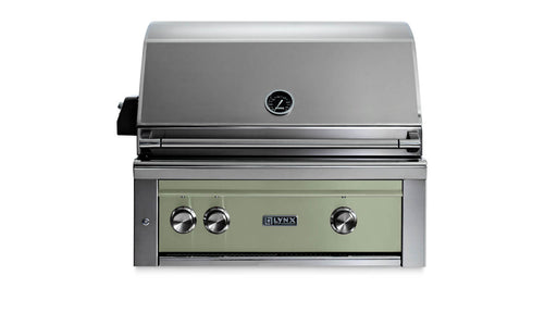 Stono Outdoor Living The Lynx 30" Built-In Grill (L30TR-DSNG) in Desert Sage features a stainless steel build, Trident™ infrared burner, rotisserie, three control knobs, built-in temperature gauge, and the Lynx logo with a modern light green accent panel.