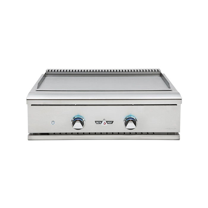 Stono Outdoor Living The Delta Heat 32-Inch Built-In Teppanyaki Grill (DHTG32L) features 304 stainless steel, two blue-accented control knobs, a flat surface, front ignition button, and centered brand logo. Propane gas. Made in the USA.