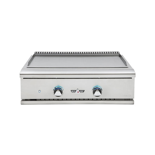 Stono Outdoor Living The Delta Heat 32-Inch Built-In Teppanyaki Grill (DHTG32N) features a stainless steel front, two blue-accented control knobs, a flat cooking surface, built-in ignition button, and an LED control panel.