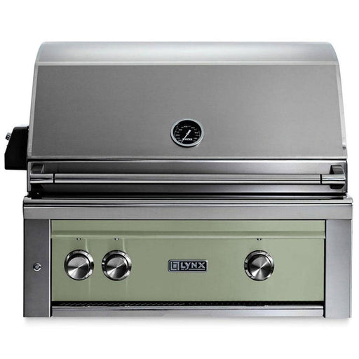 Stono Outdoor Living The Lynx 30" Built-In Grill w/ Rotisserie in Desert Sage (L30R-3-DSLP) features a closed lid, temperature gauge, ceramic burners, and three control knobs—ideal for outdoor grilling and rotisserie cooking.