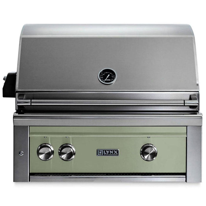Stono Outdoor Living The Lynx 30" Built-In Grill w/ Rotisserie in Desert Sage (L30R-3-DSLP) features a closed lid, temperature gauge, ceramic burners, and three control knobs—ideal for outdoor grilling and rotisserie cooking.