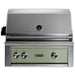 Stono Outdoor Living The Lynx 30" Built-In Grill w/ Rotisserie in Desert Sage (L30R-3-DSLP) features a closed lid, temperature gauge, ceramic burners, and three control knobs—ideal for outdoor grilling and rotisserie cooking.