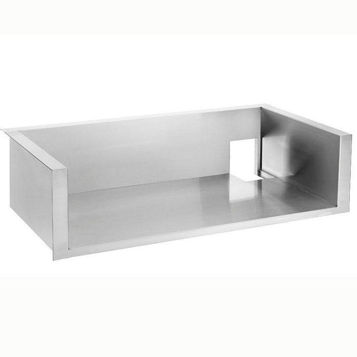 Stono Outdoor Living The TrueFlame TF 40" Grill Liner (GL-TF40) is a rectangular stainless steel liner with an open front and right side square cutout, ideal for built-in grill setups and compatible with rotisserie kits and outdoor kitchen accessories.
