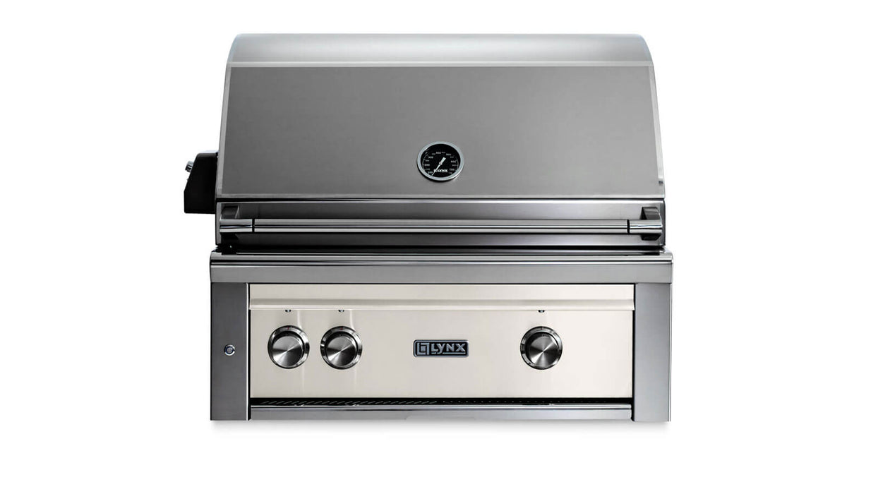 Stono Outdoor Living The Lynx 30" Built-In Grill - 1 Trident™ w/ Rotisserie in Glacier (L30TR-GLNG) features three control knobs, a built-in lid temperature gauge, an infrared burner, and the Lynx logo on the front panel, shown against a white background.