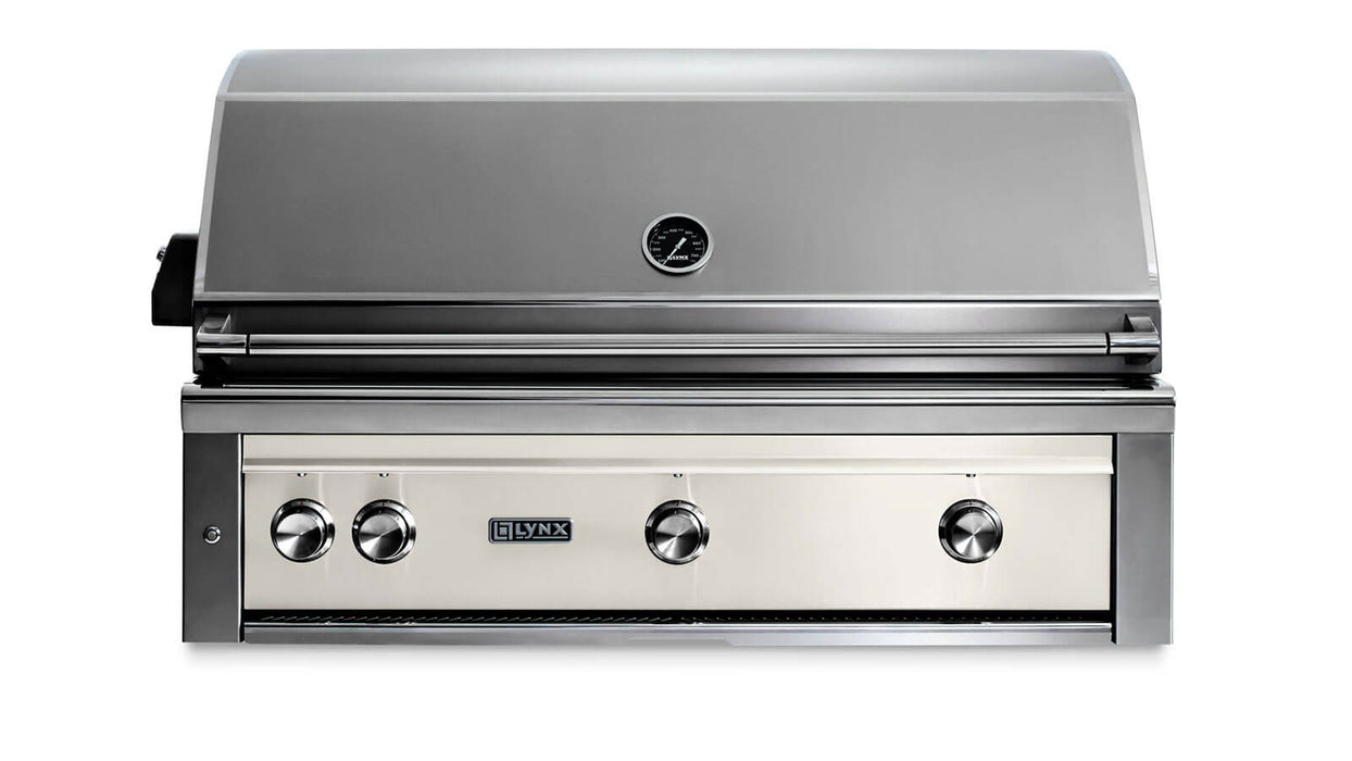 Stono Outdoor Living The Lynx 42" Built-In Grill w/ Rotisserie in Glacier (L42R-3-GLNG) boasts a sleek stainless steel design, closed lid, built-in thermometer, four control knobs, and signature Lynx branding—ideal for elevating your outdoor kitchen.