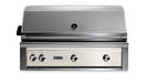 Stono Outdoor Living The Lynx 42" Built-In Grill w/ Rotisserie in Glacier (L42R-3-GLNG) boasts a sleek stainless steel design, closed lid, built-in thermometer, four control knobs, and signature Lynx branding—ideal for elevating your outdoor kitchen.