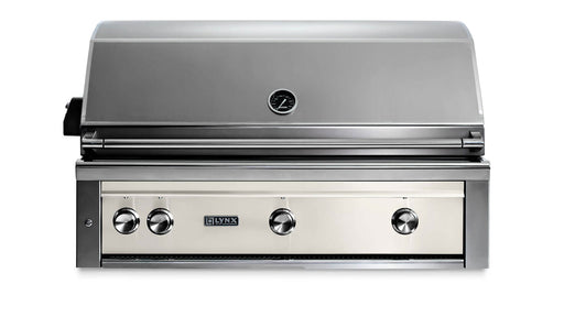 Stono Outdoor Living The Lynx 42" Built-In Grill w/ Rotisserie in Glacier (L42R-3-GLNG) boasts a sleek stainless steel design, closed lid, built-in thermometer, four control knobs, and signature Lynx branding—ideal for elevating your outdoor kitchen.