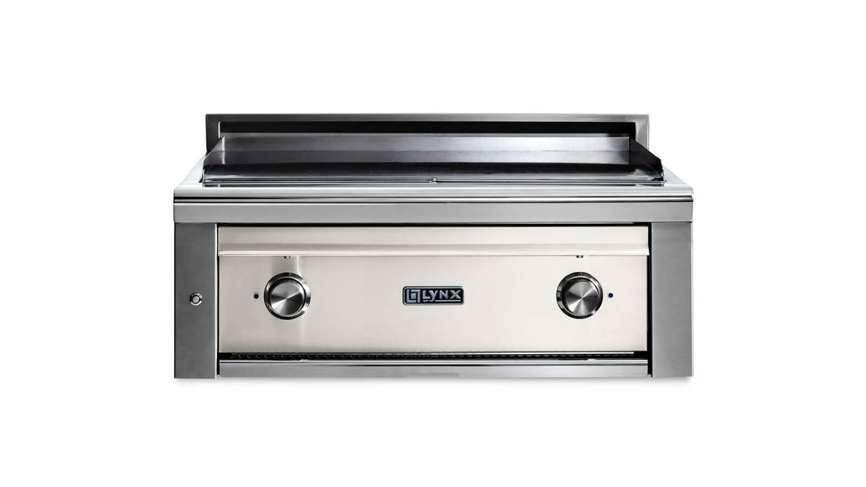 Stono Outdoor Living The Lynx 30” Asado Built-In Grill in Glacier (L30AG-GLNG) features stainless steel, infrared burners, two control knobs, and the signature Lynx logo—ideal for luxury outdoor kitchens, shown against a white background.