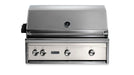 Stono Outdoor Living The Lynx 36" Built-In Grill w/ Rotisserie in Glacier (L36R-3-GLNG) features four control knobs, ceramic burners, and a built-in temperature gauge—an ideal addition to your outdoor kitchen.