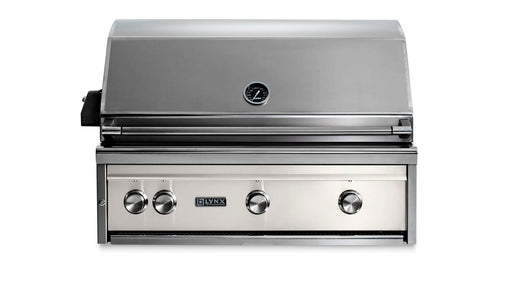 Stono Outdoor Living The Lynx 36" Built-In Grill w/ Rotisserie in Glacier (L36R-3-GLNG) features four control knobs, ceramic burners, and a built-in temperature gauge—an ideal addition to your outdoor kitchen.