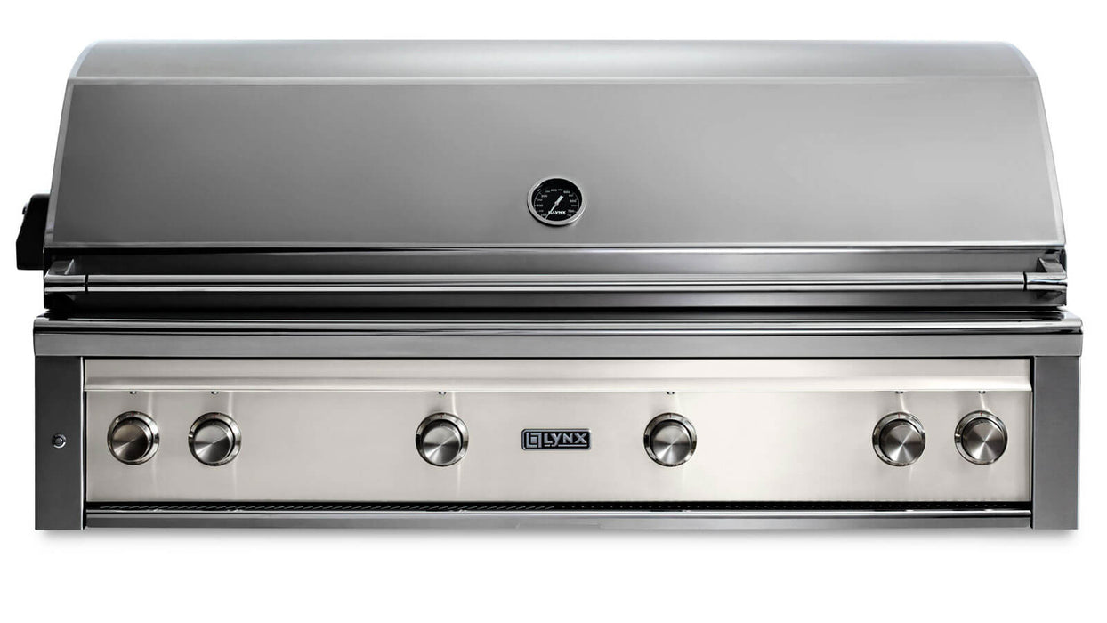 Stono Outdoor Living The Lynx 54" Built-In Grill - 1 Trident™ with Rotisserie in Glacier (L54TR-GLNG) is a luxury stainless steel outdoor kitchen grill, featuring six control knobs and a temperature gauge on the closed lid, viewed from the front.