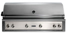 Stono Outdoor Living The Lynx 54" Built-In Grill - 1 Trident™ with Rotisserie in Glacier (L54TR-GLNG) is a luxury stainless steel outdoor kitchen grill, featuring six control knobs and a temperature gauge on the closed lid, viewed from the front.