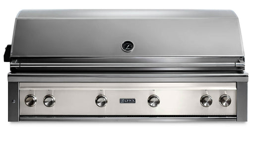 Stono Outdoor Living The Lynx 54" Built-In Grill - 1 Trident™ with Rotisserie in Glacier (L54TR-GLNG) is a luxury stainless steel outdoor kitchen grill, featuring six control knobs and a temperature gauge on the closed lid, viewed from the front.