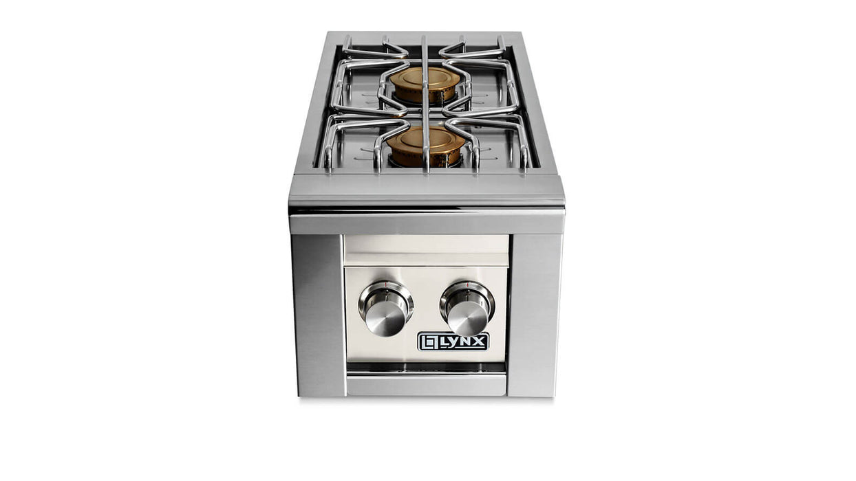 Stono Outdoor Living The Lynx Built-in Double Side Burners in Glacier (LSB2-2-GLNG) feature stainless steel construction, front control knobs, and the Lynx logo below, shown against a white background.