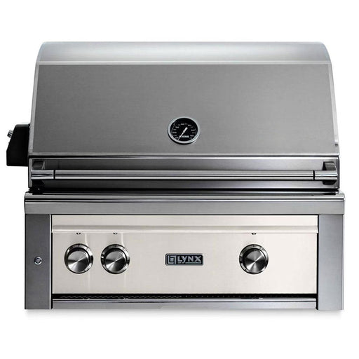 Stono Outdoor Living The Lynx 30" Built-In Grill w/ Rotisserie in Glacier (L30R-3-GLNG) features a closed lid, temperature gauge, three control knobs, ceramic burners, and an integrated rotisserie on the front panel.