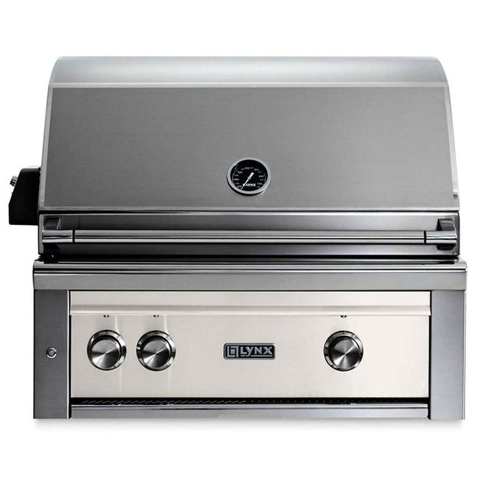 Stono Outdoor Living The Lynx 30" Built-In Grill w/ Rotisserie in Glacier (L30R-3-GLNG) features a closed lid, temperature gauge, three control knobs, ceramic burners, and an integrated rotisserie on the front panel.