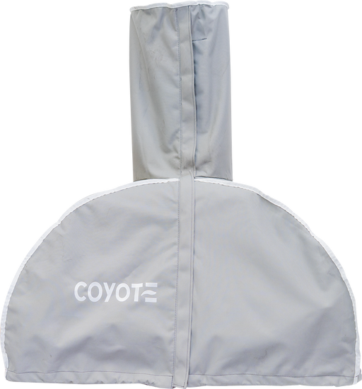 Stono Outdoor Living The Coyote Cover for 30" Hybrid Multi-Fuel Outdoor Oven (CCVR30PZ-BIG) is a light gray, weather-resistant cover with “COYOTE” in white, designed to protect your outdoor oven and features a tall center section and zippered closure for a secure fit.