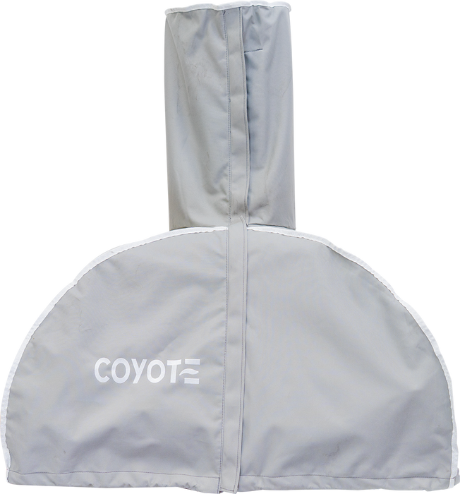 Stono Outdoor Living The Coyote Cover for 30" Hybrid Multi-Fuel Outdoor Oven (CCVR30PZ-BIG) is a light gray, weather-resistant cover with “COYOTE” in white, designed to protect your outdoor oven and features a tall center section and zippered closure for a secure fit.