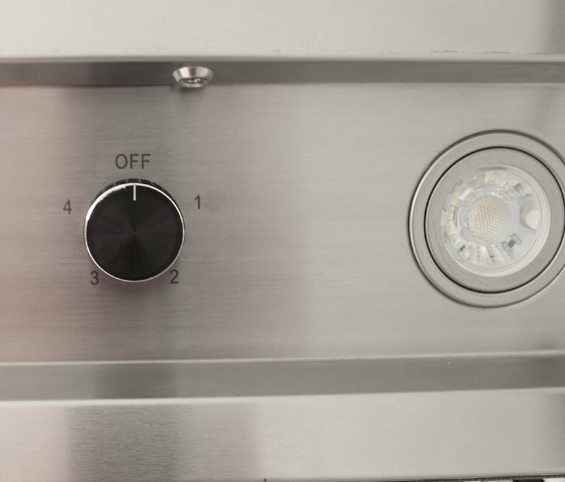 Stono Outdoor Living A close-up of a Blaze 48-Inch Stainless Steel Vent Hood (BLZ-48-VHOOD) shows a metallic panel with a black knob labeled 1 to 4 and OFF, next to an LED light and commercial-grade baffles.