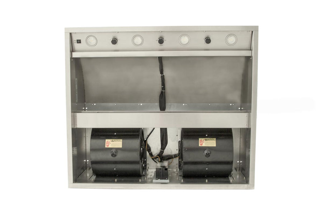 Stono Outdoor Living Front view of the Blaze 48-Inch Stainless Steel Vent Hood (BLZ-48-VHOOD), featuring commercial-grade baffles, top-mounted control knobs, and two large black blower motors visible inside; rated at 2000 CFM.