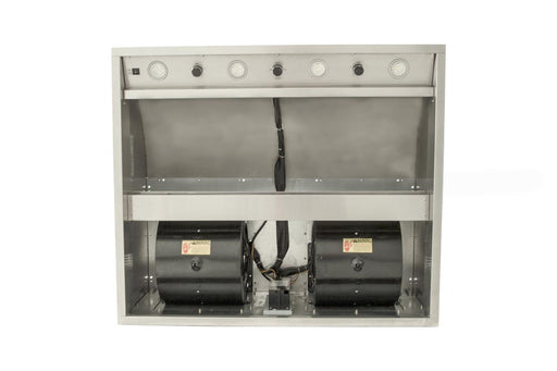 Stono Outdoor Living Front view of the Blaze 48-Inch Stainless Steel Vent Hood (BLZ-48-VHOOD), featuring commercial-grade baffles, top-mounted control knobs, and two large black blower motors visible inside; rated at 2000 CFM.
