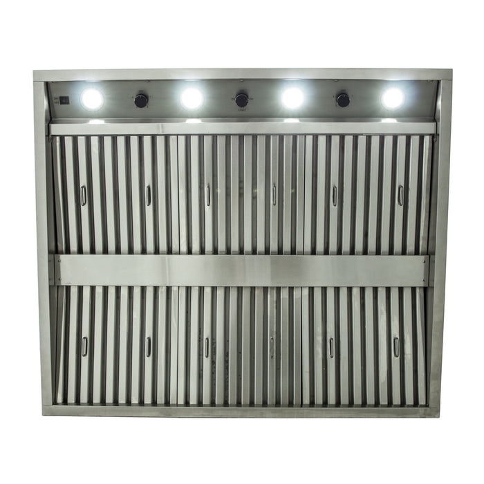 Stono Outdoor Living The Blaze 48-Inch Stainless Steel Vent Hood (BLZ-48-VHOOD) by Blaze offers 2000 CFM power, five built-in LED lights, and commercial-grade baffles—perfect for any outdoor kitchen setup. Shown from below against a white background.