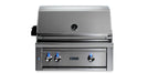 Stono Outdoor Living The Lynx 30" Built-In Grill (L30TR-LP) features stainless steel, three blue-lit knobs, a hood temperature gauge, front Lynx logo, Trident™ Infrared Burner, rotisserie, and is shown on a plain white background—ideal for outdoor cooking.