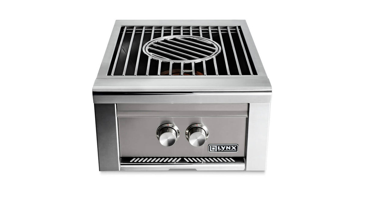 Stono Outdoor Living The Lynx Power Burner - Limestone (LPB-LSNG) by Lynx features two control knobs, a rectangular grilling surface, and a central circular grate—ideal for outdoor kitchens—displayed against a white background.