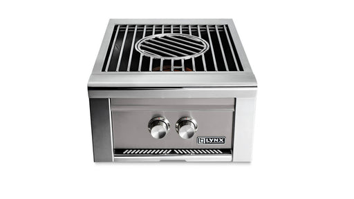Stono Outdoor Living The Lynx Power Burner - Limestone (LPB-LSNG) by Lynx features two control knobs, a rectangular grilling surface, and a central circular grate—ideal for outdoor kitchens—displayed against a white background.