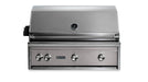 Stono Outdoor Living The Lynx 36" Built-In Grill w/ Rotisserie in Limestone (L36R-3-LSNG) features stainless steel construction, four control knobs, a built-in hood thermometer, and the Lynx logo—an ideal choice for your outdoor kitchen.