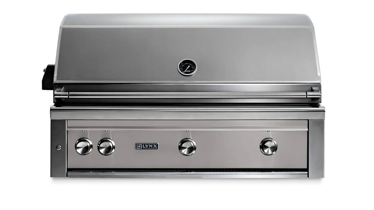 Stono Outdoor Living The Lynx 42" Built-In Grill - 1 Trident™ w/ Rotisserie in Limestone (L42TR-LSNG) features a stainless steel design, three control knobs, temperature gauge, and powerful infrared and ceramic burners—ideal for outdoor kitchens.
