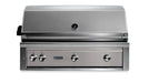 Stono Outdoor Living The Lynx 42" Built-In Grill - 1 Trident™ w/ Rotisserie in Limestone (L42TR-LSNG) features a stainless steel design, three control knobs, temperature gauge, and powerful infrared and ceramic burners—ideal for outdoor kitchens.