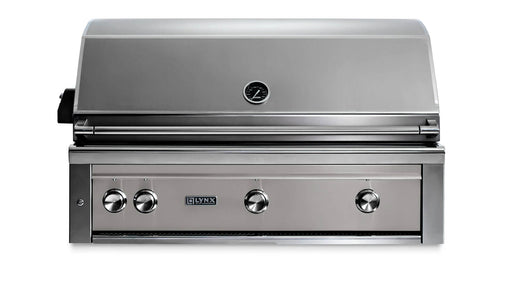 Stono Outdoor Living The Lynx 42" Built-In Grill - 1 Trident™ w/ Rotisserie in Limestone (L42TR-LSNG) features a stainless steel design, three control knobs, temperature gauge, and powerful infrared and ceramic burners—ideal for outdoor kitchens.