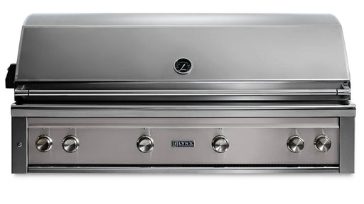 Stono Outdoor Living The Lynx 54" Built-In Grill - 1 Trident™ with Rotisserie in Limestone (L54TR-LSNG) features five control knobs, a front temperature gauge, and a closed lid—an ideal luxury upgrade for your outdoor kitchen.