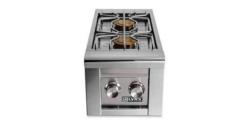 Stono Outdoor Living The Lynx Built-in Double Side Burners in Limestone (LSB2-2-LSNG) features control knobs and the Lynx logo on front, shown against a white background—ideal for outdoor kitchens and built-in grill setups.