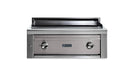 Stono Outdoor Living The Lynx 30” Asado Built-In Grill in Limestone (L30AG-LSNG), featuring two control knobs, a flat grill surface, and backsplash, is displayed against a white background—ideal for luxury outdoor kitchens.