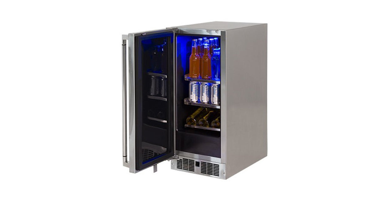 Stono Outdoor Living The Lynx 15" Outdoor Wine Refrigerator (LN15WINE) by Lynx features stainless steel construction, blue LED-lit shelves for bottles and cans, and quiet cooling—ideal for storing wine and your favorite drinks.