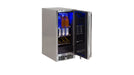 Stono Outdoor Living The Lynx 15" Outdoor Refrigerator (LN15REF) features a stainless steel finish, blue LED lighting, open shelving with bottles and cans, and a door with extra storage compartments—perfect for professional use.
