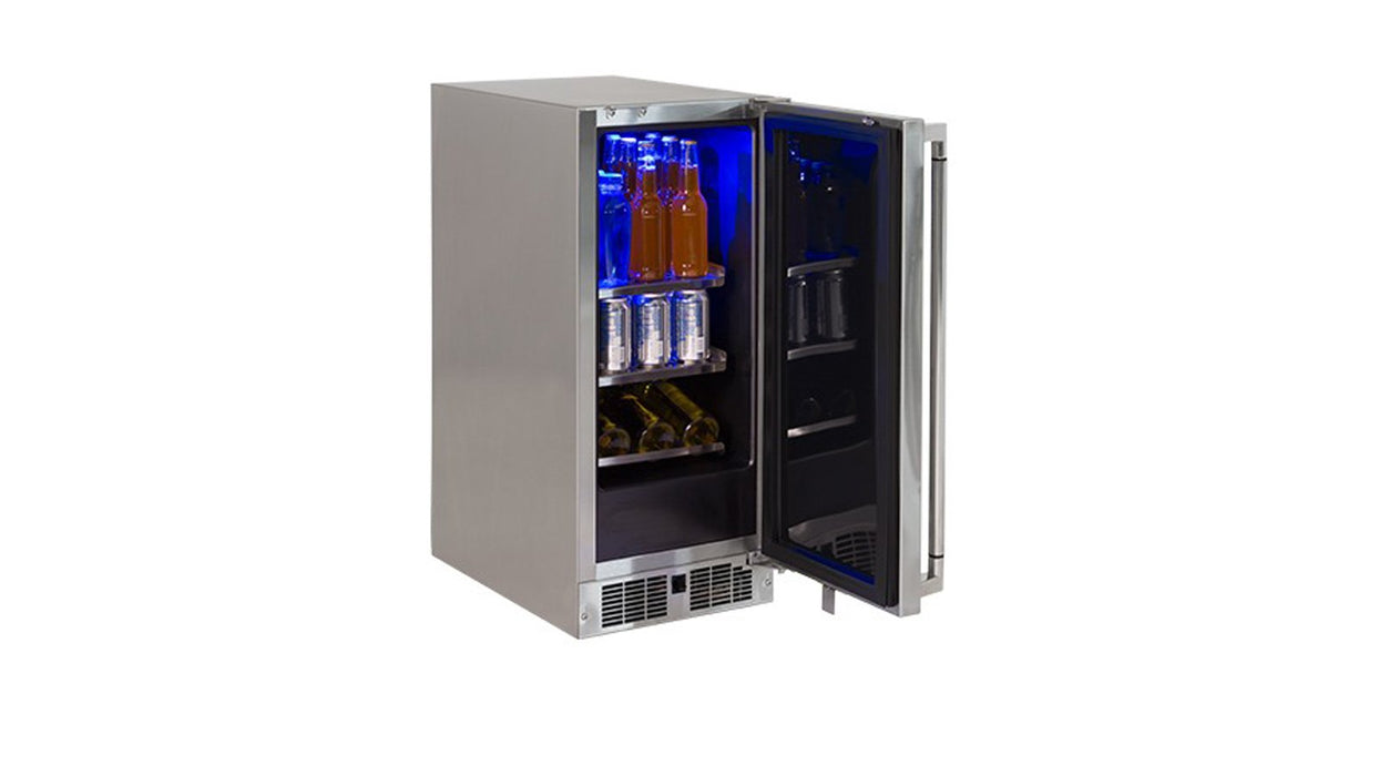 Stono Outdoor Living The Lynx 15" Outdoor Wine Refrigerator (LN15WINE) by Lynx features a stainless steel design with the door open, revealing shelves stocked with bottles and cans, blue LED lighting inside, and quiet cooling—ideal for wine storage.