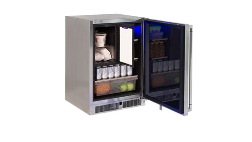 Stono Outdoor Living The Lynx 24" Outdoor Refrigerator Freezer (LN24REFC) by Lynx features spacious shelves holding cans, apples, bottled drinks, ice cream, and other foods—ideal for any outdoor kitchen refrigerator setup.