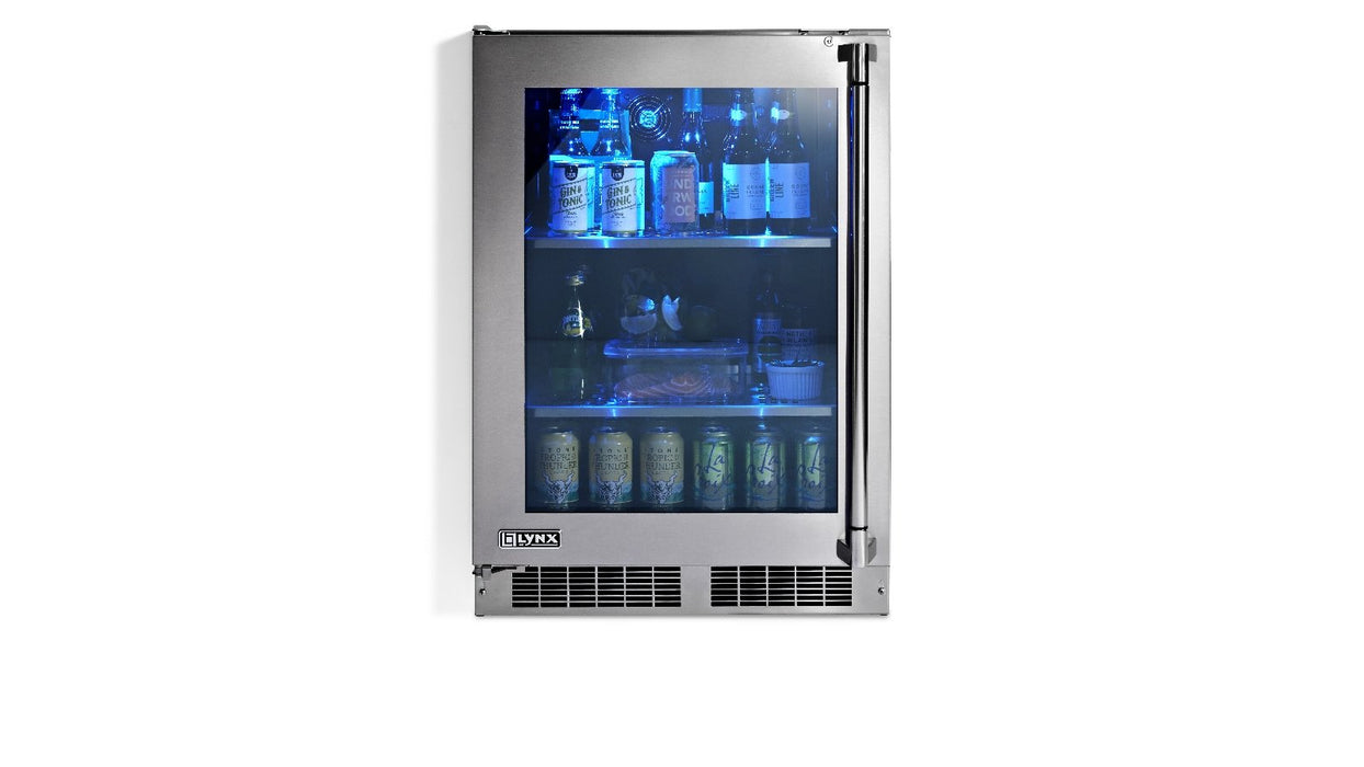 Stono Outdoor Living The Lynx 24" Outdoor Beverage Center (LN24REFG) features a stainless steel body, glass door, three illuminated shelves, dynamic cooling, and blue lighting to showcase cans and bottles outdoors.