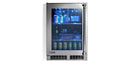 Stono Outdoor Living The Lynx 24" Outdoor Beverage Center (LN24REFG) features a stainless steel body, glass door, three illuminated shelves, dynamic cooling, and blue lighting to showcase cans and bottles outdoors.