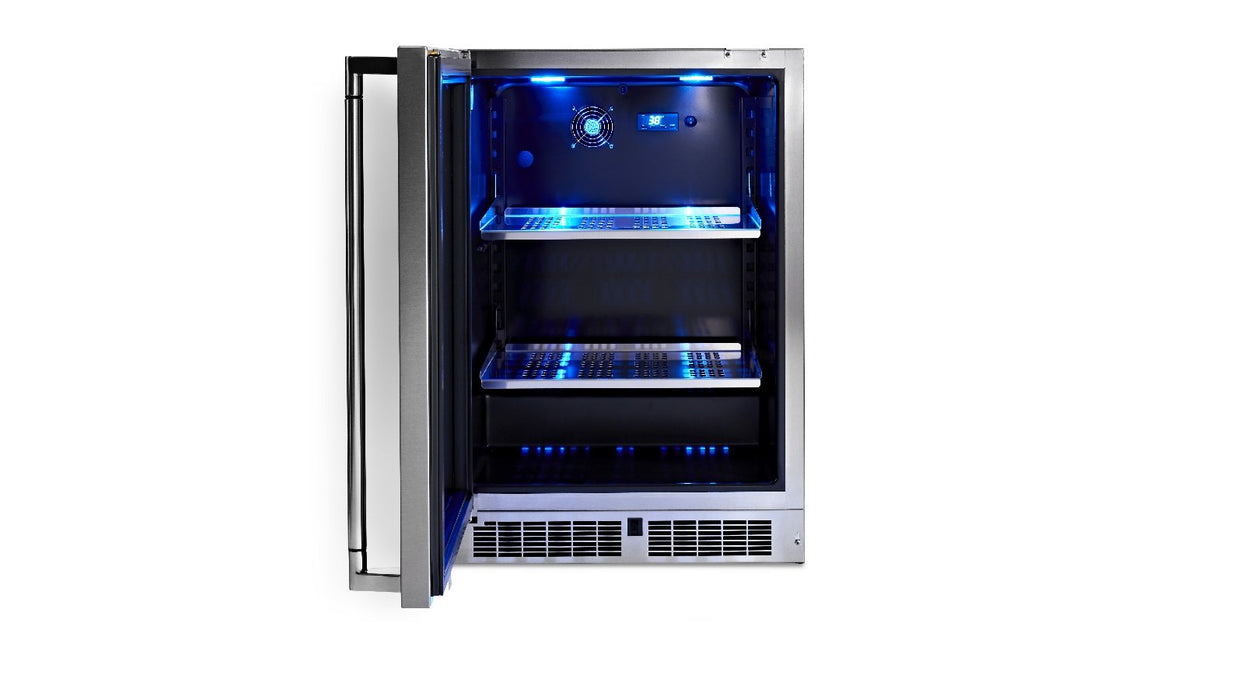 Stono Outdoor Living The Lynx 24" Outdoor Beverage Center (LN24REFG) by Lynx features a sleek stainless steel design, dynamic cooling, blue LED interior lighting, empty shelves, and an open door—ideal as an under-counter outdoor refrigerator for versatile use.