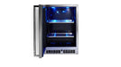 Stono Outdoor Living The Lynx 24" Outdoor Beverage Center (LN24REFG) by Lynx features a sleek stainless steel design, dynamic cooling, blue LED interior lighting, empty shelves, and an open door—ideal as an under-counter outdoor refrigerator for versatile use.